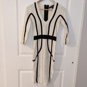 French Connection Black and Cream Long Sleeve Bandage Dress